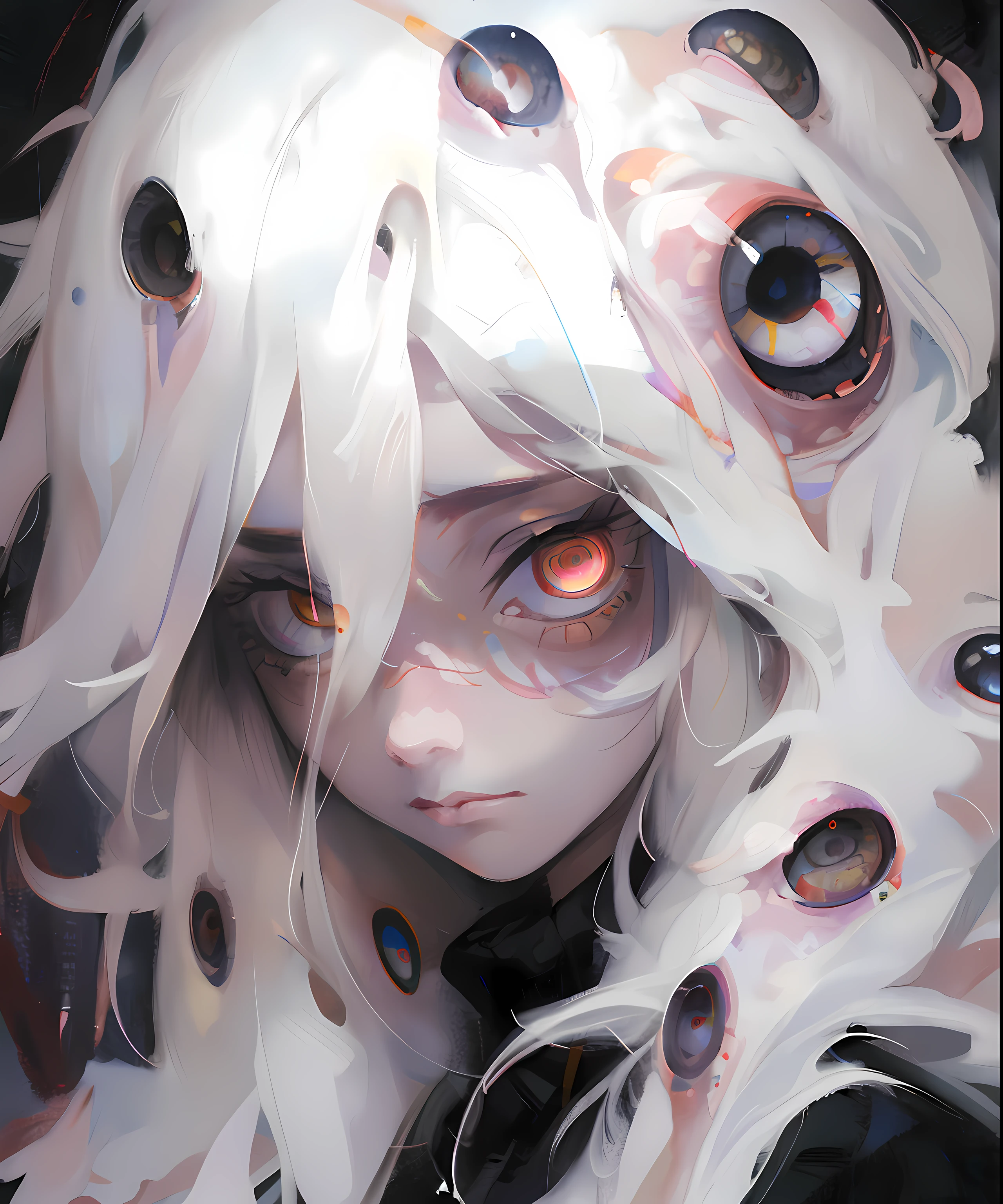 There is a woman with black hair and pink eyes with black hair, Obras de arte al estilo de guweiz, guweiz, Detailed digital anime art, guweiz en Pixiv Artstation, guweiz en Artstation Pixiv, girl with white eyes, WLOP art, WLOP |, loish and wlop, By Hikari Shimoda,bright Eyes, circular pupils,