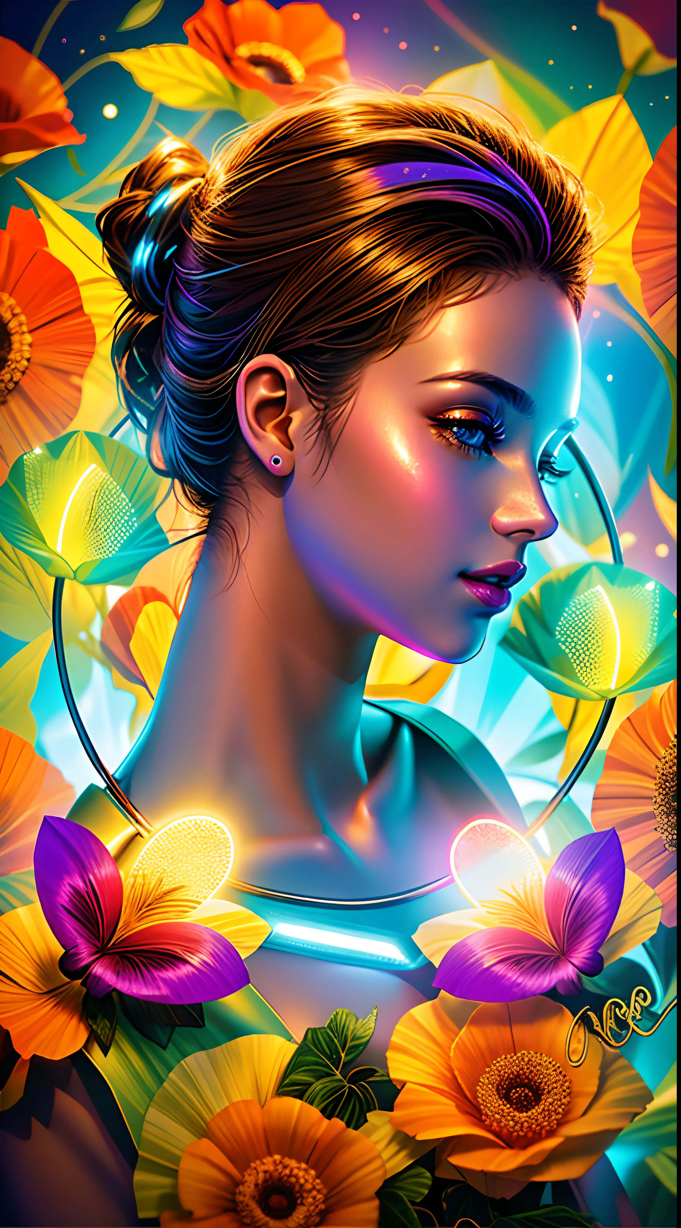 Da ist eine Frau mit einem leuchtenden Heiligenschein um den Hals, Konturlichteffekt!! 8 Tausend, Lichteffekt. Feminin, Porträt von Glowwave, Airbrush-Digitalkunst, Porträt-Farb-Glamour, mit Neon-Nachtspots, glänzende Neonhaut, Neonkreise, glänzender Effekt, Lichteffekt. moderne Fantasie, komplizierter LED-Schmuck, Erstellt mit Photoshop, arte digital, arte digital, Helles Gesicht