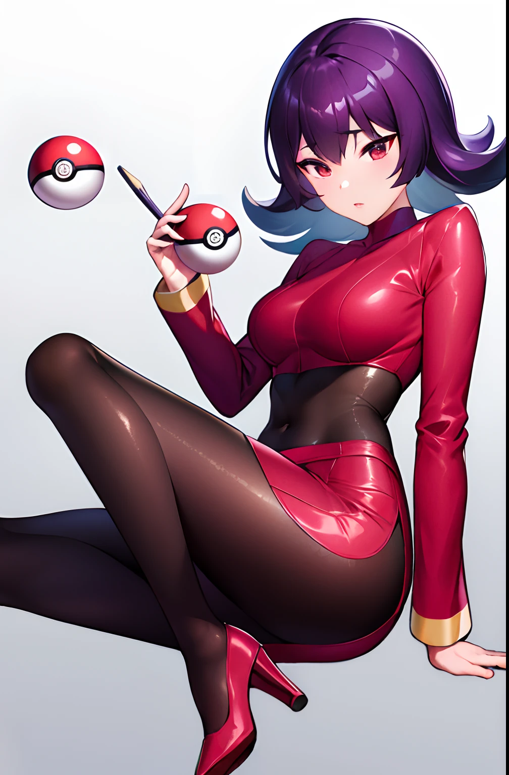 A close up of a woman in a red latex outfit holding a pokemon ball - SeaArt  AI