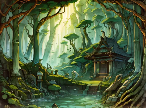 an oriental construction of a (bath house) in the middle of a bamboo forest, stone bath house, magic forest, vapor, dark, beauti...