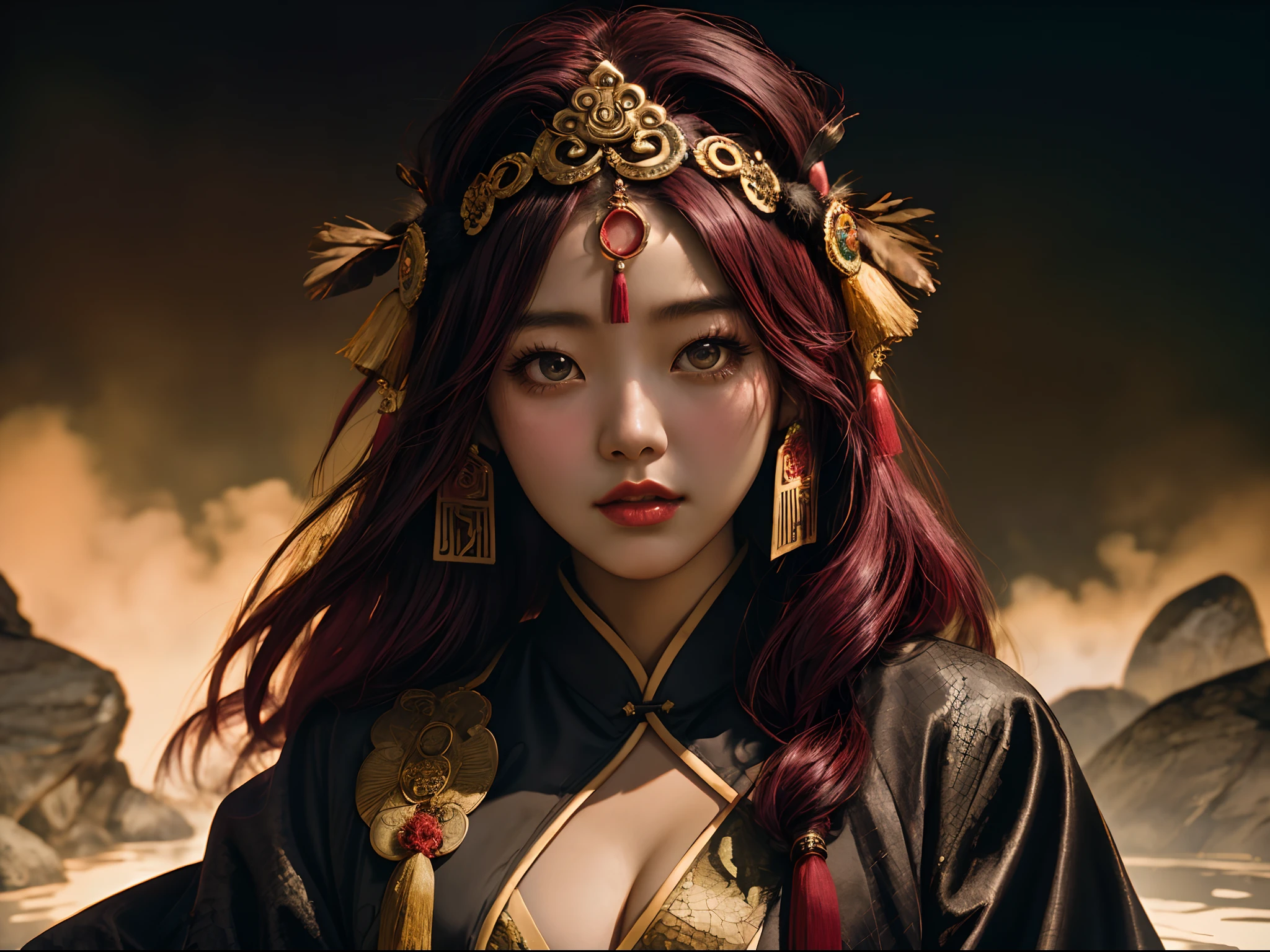 (close-up, editorial full color photograph of a ((Chinese Tibetan girl, flowing hair, burgundy hair, Onsen District, Yao Lang protector, python pattern robe, Black gold master Kawashima work ((headdress))))), (highly detailed face:1.4), gradient glass texture, high resolution, detailed, RAW photograph, Nikon D850 Film Stock Photo by Jefferies Lee 4 Kodak Portra 400 Camera F1.6 shots, cinestill 800 film, Rich colors, vivid textures, Dramatic lighting, (strong contrast).