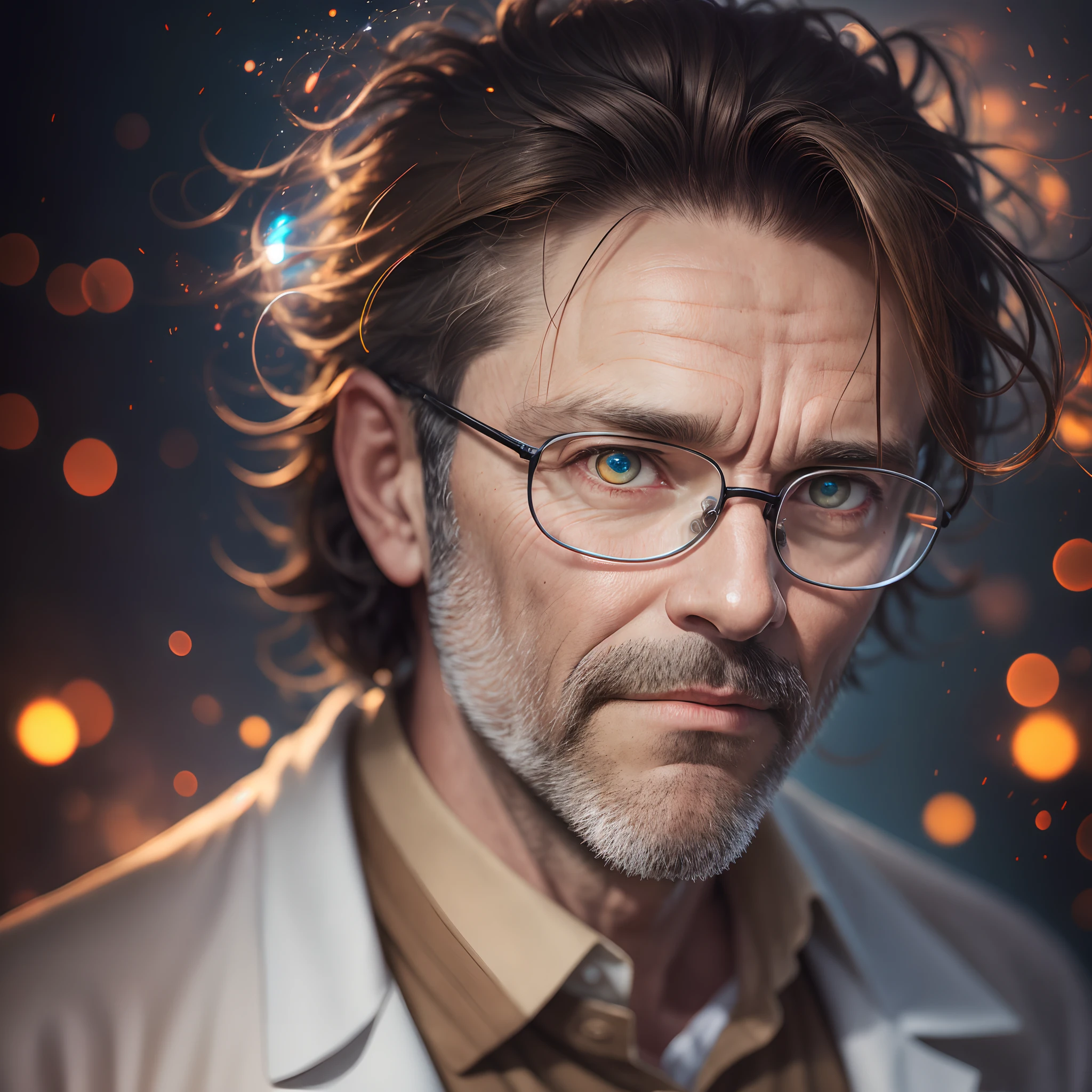 Portrait of a man, 50-years old, wearing lab coat, wearing brown pants, balding, black hair, crazy eyes, mad scientist, in lab, raytracing, depth of field, particle effects, bokeh, high resolution