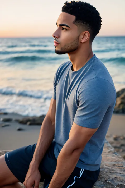 high quality handsome light skin mixed race man with short hair, looking at the horizon