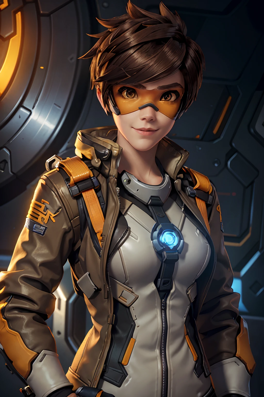 TracerOver, 1girl, tracer (overwatch), solo, orange goggles, brown hair, goggles, short hair, spiked hair, brown eyes, upper body, harness, jacket, bomber jacket, smile, looking at viewer, bodysuit, chest harness, bangs, parted lips, teeth, leather, lips, brown jacket, leather jacket, piercing