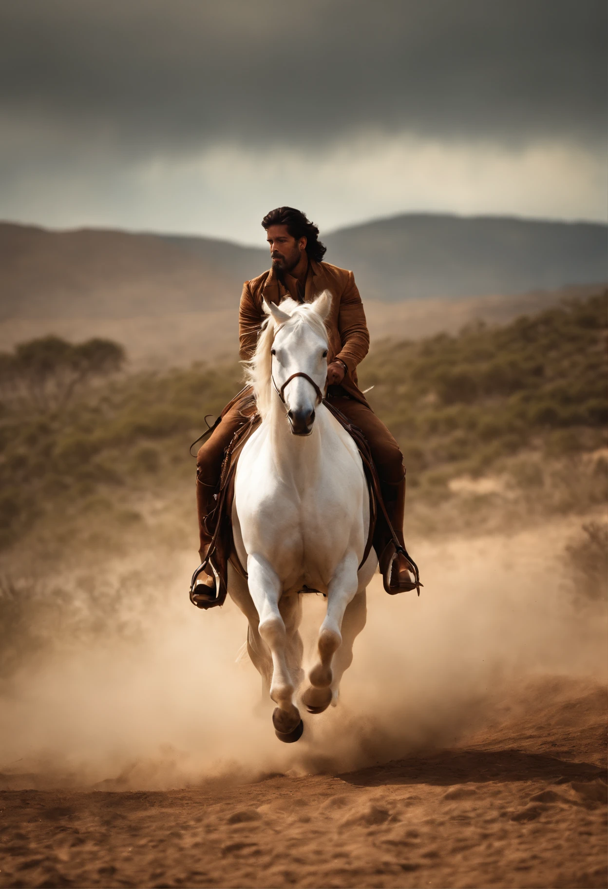 There is a man riding a horse in the desert on a cloudy day - SeaArt AI