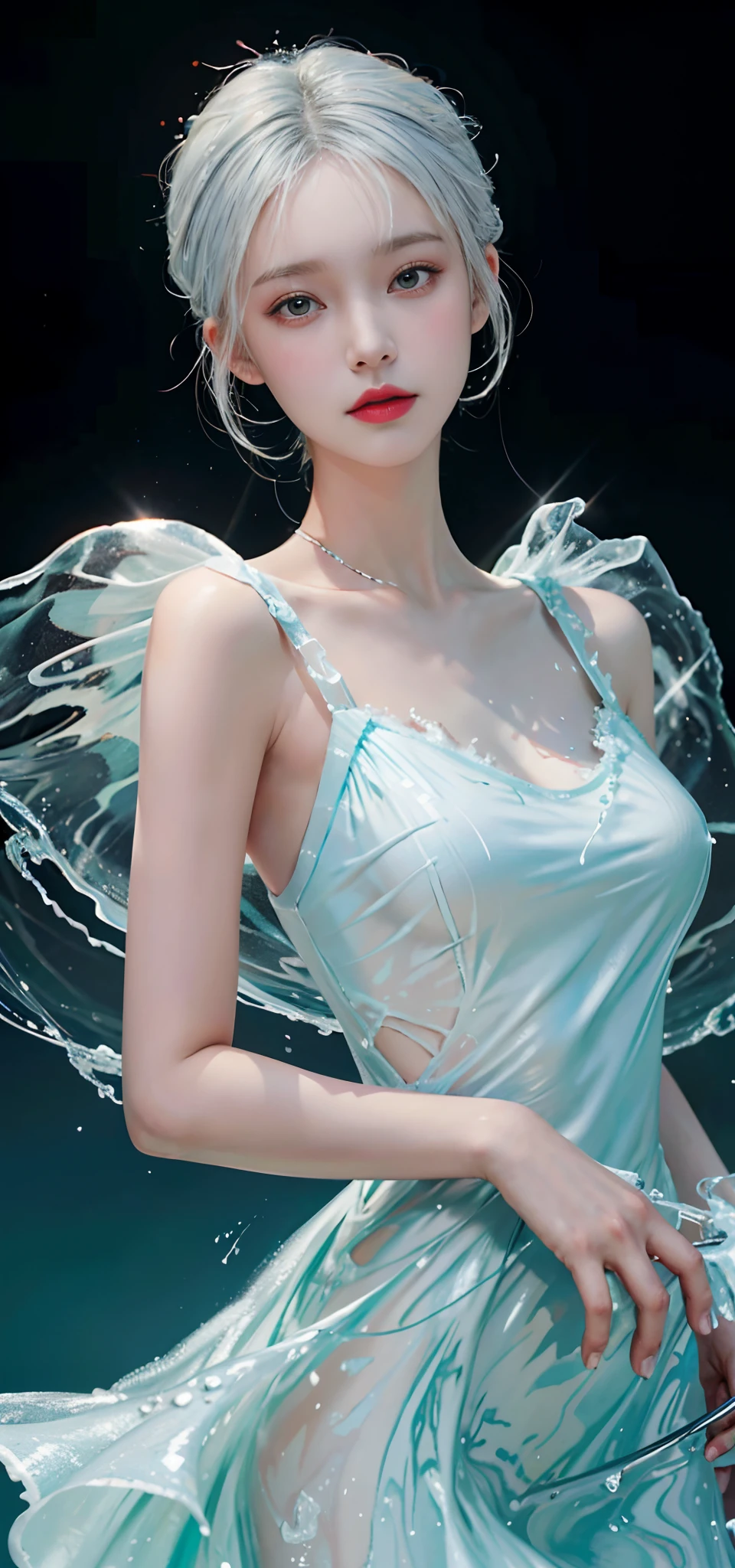 (Masterpiece, Best quality:1.2), 8K, 85mm, RAW photo, absurderes, White and cyan theme, (liquid clothes, Liquid dress:1.4), White hair, gradient dress, Delicate girl, Upper body, close-up face, Shiny skin, Married Woman, view the viewer, hdr, Sharp focus, Particle, twilight sky, Detailed eyes and face, White hair, Simple background，nakeness，plumw，extremely large bosom，Bare lower body，Bare breasts，Transparent clothes