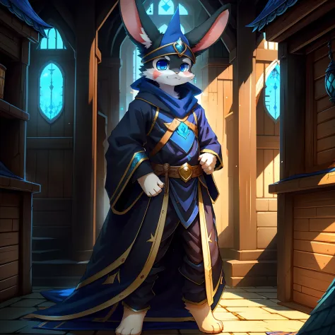 masterpiece, solo, 1boy, furry, kemono, furry rabbit, anthropomorphic, male, black fur, black skin, blue eyes, blue wizard robes...