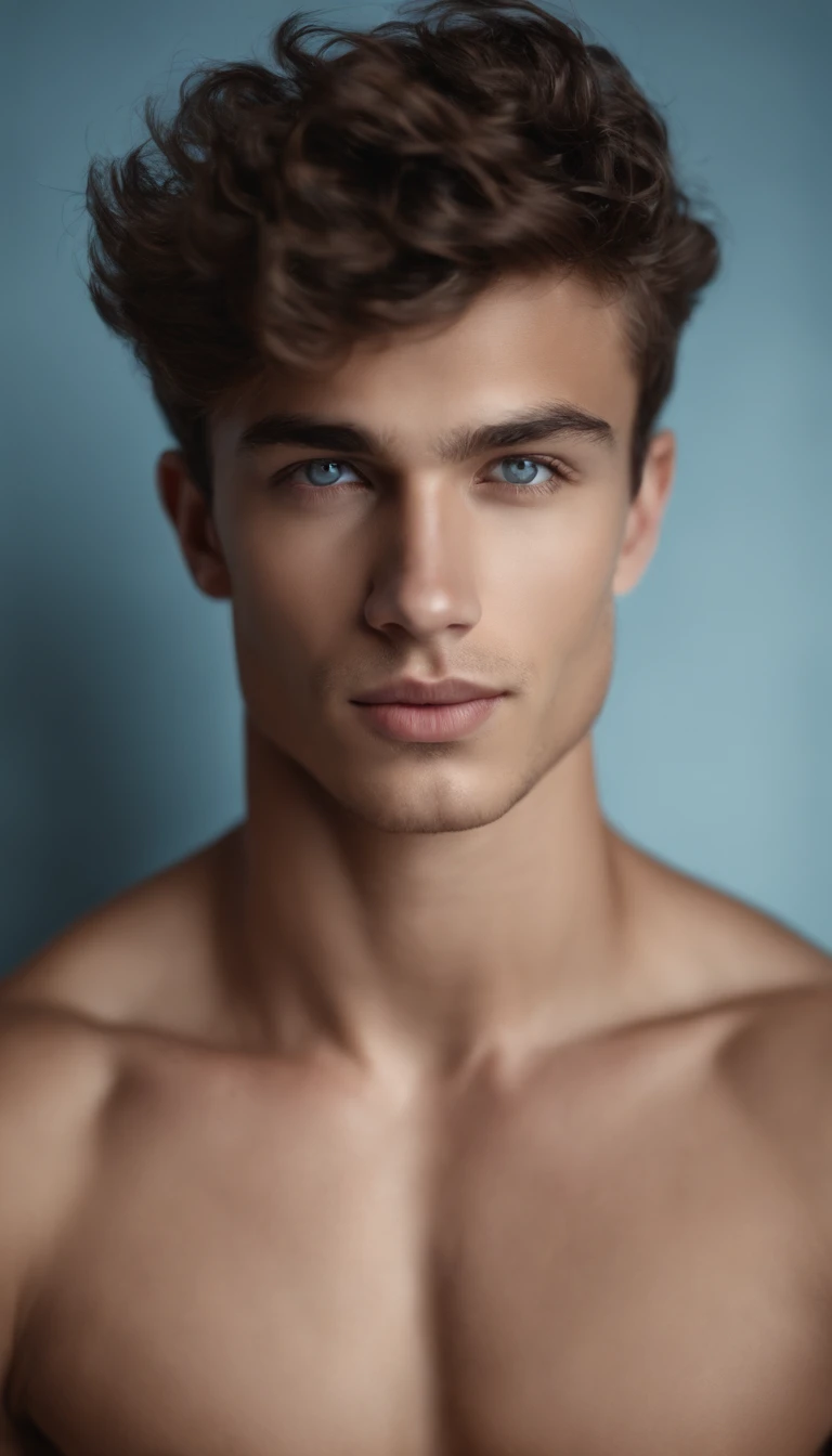 portrait of a handsome male model, 16 years old, shirtless, barechest, without beard, with dark messy wavy hair, super light blue eyes, thick lips, defined muscles, fit, ripped body, full body shot, ultra highest detailed face, darmatic lighting, dim light, tight boxer-briefs lay on his back on bed, legs open