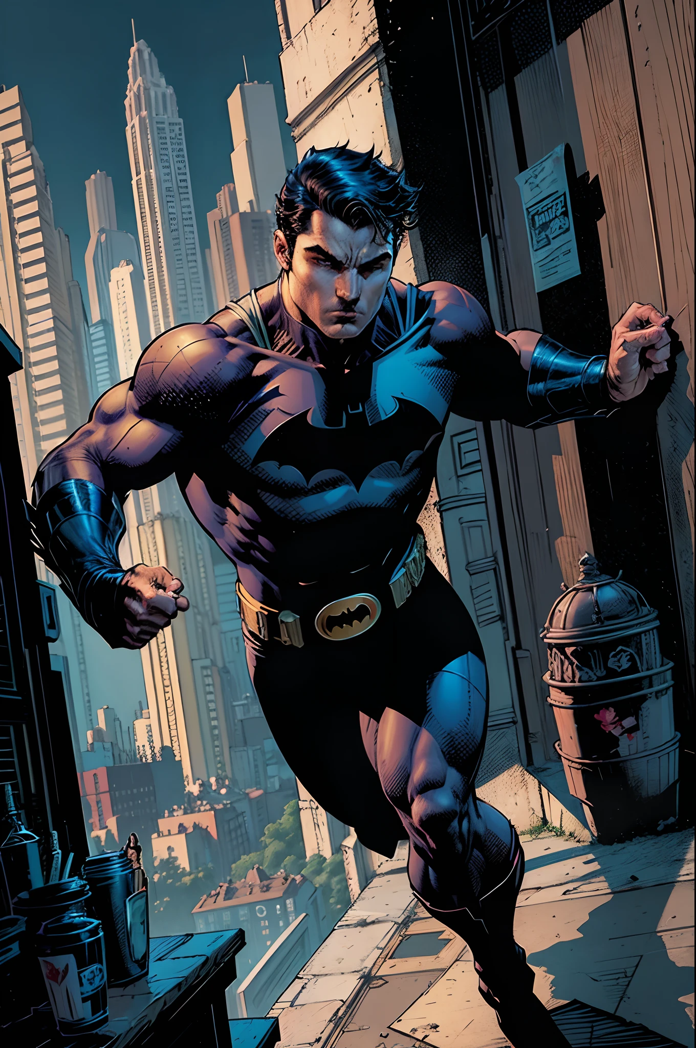 Robin le garçon prodige, fils de Batman ou Bruce Wayne, rebelle, rusé, fort, jnlclinado à rendre justice, amateur d&#39;arts martiaux comme le jiu jitsu, aïkido, Kung Fu et autres, Style de dessin DC COMICS, La ville sombre.