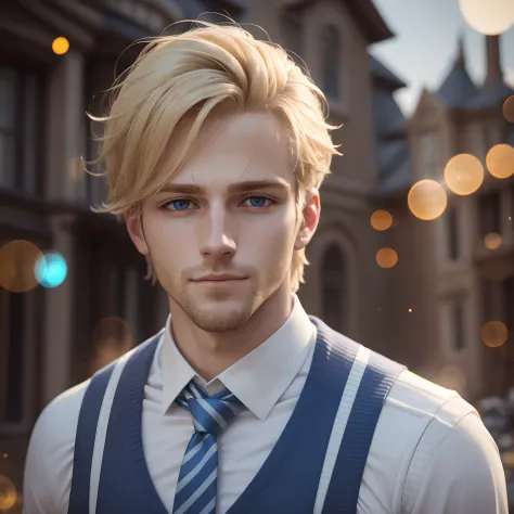 Portrait of a man, 27-years old, blond hair, wearing a white shirt, wearing blue sweater vest, wearing striped tie, wearing jean...