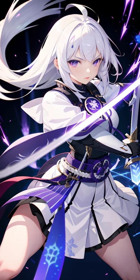 1girl, japanese armor, white hair, purple eyes, sword, ((holding sword)), blue flames, glowing weapon, light particles, wallpaper, chromatic aberration