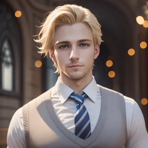 Portrait of a man, 27-years old, blond hair, wearing a white shirt, wearing blue sweater vest, wearing striped tie, wearing jean...