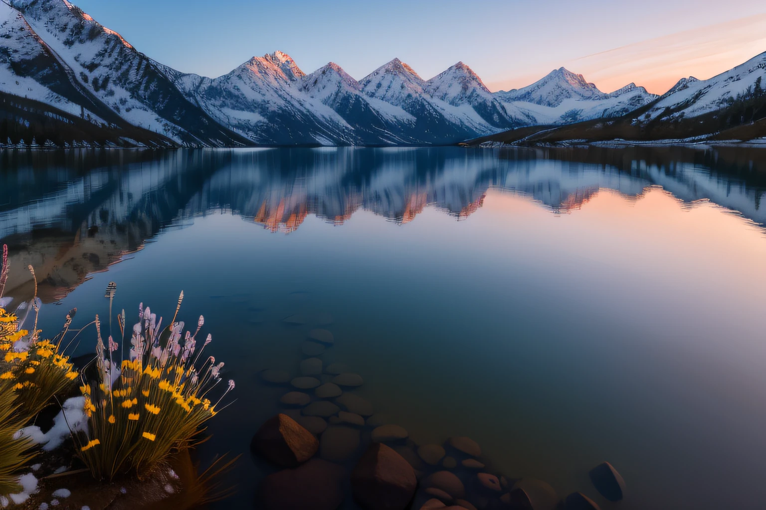 Cumbres nevadas de una montaña al atardecer, el reflejo de los picos se puede ver en el agua de un lago al pie de la montaña. praderas verdes que se extienden al pie de la montaña. manchas de flores amarillas o rosadas salpicadas en el prado