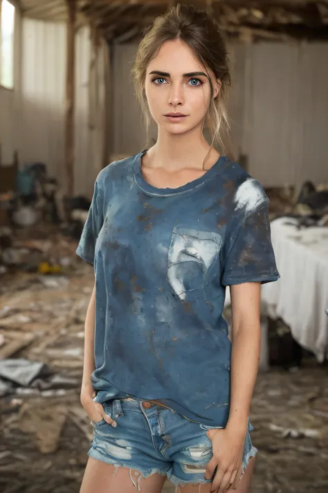 Foto hiper real de ((Woman inside a messy barn wearing a sexy torn and worn cotton T-shirt)), ((Cara y ojos realistas detallados...