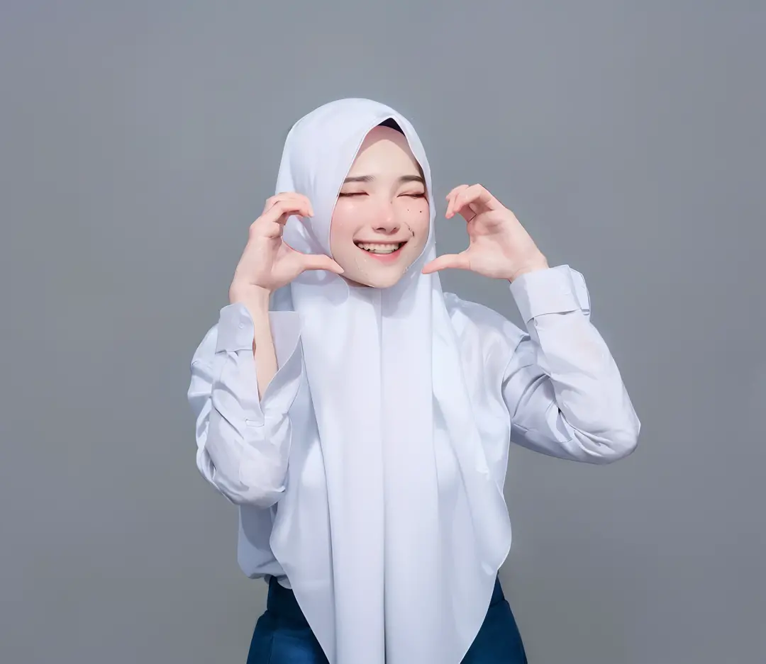 masterpiece, best quality, highly detailed, illustration, epic lighting, cinematic composition, isometric, 1girl, solo, cute, beautiful closed eyes, hijab covered hair, bright white hijab, long white girl shirt, gray skirt, formal, beautiful, cheerful pose...