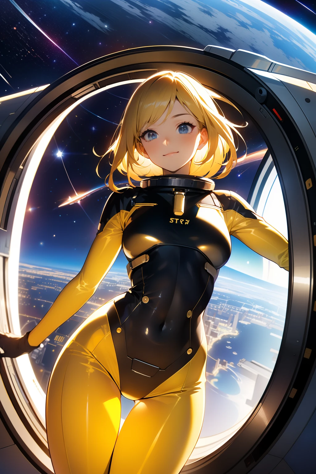 (masterpiece, best quality:1.2), (cowboy shot:1.1), solo, 1girl, mori yuki, slight smile, closed mouth, looking at viewer, blonde hair, thigh gap, yellow bodysuit, skin-tight, perfect body, large window, (starship porthole:1.3), (spread legs:1.3), (standing:1.1), thigh gap, sensual pose, side view, perfect hands, bright starship interior, (outer space view:1.1), (orbital view:1.3), (night, stary sky:1.5), milky way