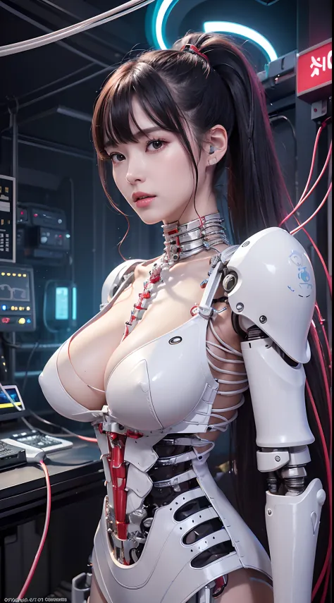 (((​masterpiece)))、((top-quality))、(The ultra-detailliert)、8K、(Very noble and beautiful))、Cinematic Light、((1 Mechanical Girl))、Looking here、White ceramic body、a purple eye、Colossal tits、The cleavage is visible、Single、(Mechanical joint:1.4)、((Mechanical li...