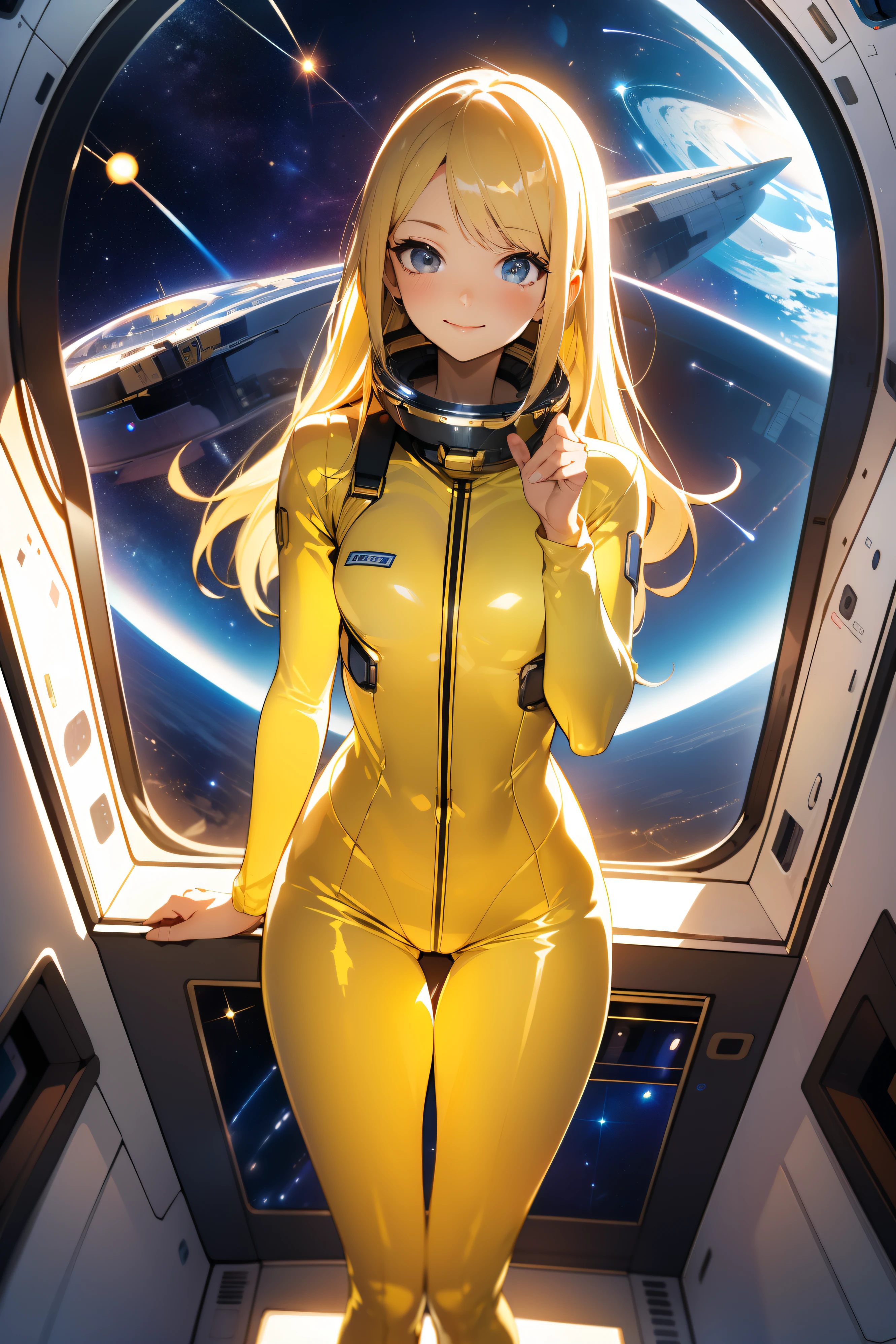 (masterpiece, best quality:1.2), (cowboy shot:1.1), solo, 1girl, mori yuki, slight smile, closed mouth, side view, looking at viewer, blonde hair, long hair, thigh gap, yellow bodysuit, skin-tight, perfect body, large window, (starship porthole:1.3), (spread legs:1.3), (standing:1.1), thigh gap, sensual pose, sideview, perfect hands, bright starship interior, (outer space view:1.1), (orbital view:1.3), (night, stary sky:1.5), milky way