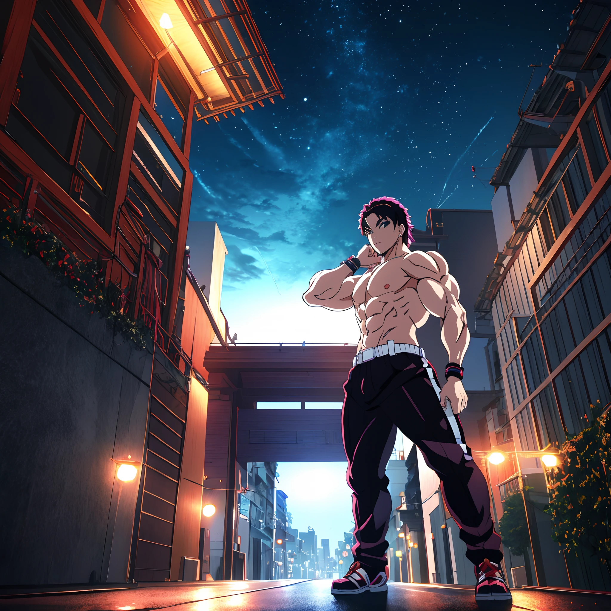 Sexy muscular anime character standing in the middle of a city street at night, hero pose colorful city lighting, badass anime 8 k, epic 8 k hd anime shot, musculoso, Arte Oficial, conceito de anime hdr anime macmanus, Anime cyberpunk moderno, Estilo anime 4K, official illustration, six pack, arte oficial altamente detalhada, papel de parede anime 4k, arte chave, key art anime sharp focus