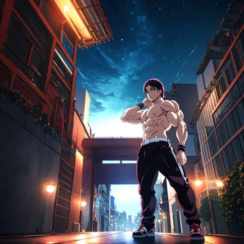 sexy muscular anime character standing in the middle of a city street at night, hero pose colorful city lighting, badass anime 8...