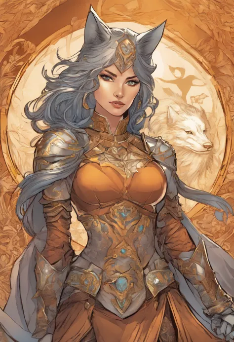 A beautiful woman ,Wolf knight, fine armor, intricate design, brown details, silk, cinematic lighting, 4k, floating hair, sharp, prism, shining knight
