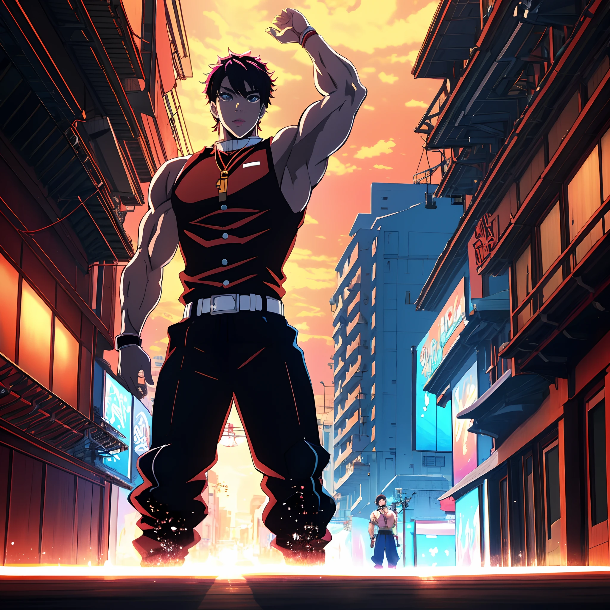 Sexy muscular anime character standing in the middle of a city street at night, hero pose of colorful front city lighting, badass anime 8 k, epic 8 k hd anime shot, musculoso, Arte Oficial, conceito de anime hdr anime macmanus, Anime cyberpunk moderno, Estilo anime 4K, official illustration, pacote de seis, arte oficial altamente detalhada, papel de parede anime 4k, arte chave, key art anime sharp focus