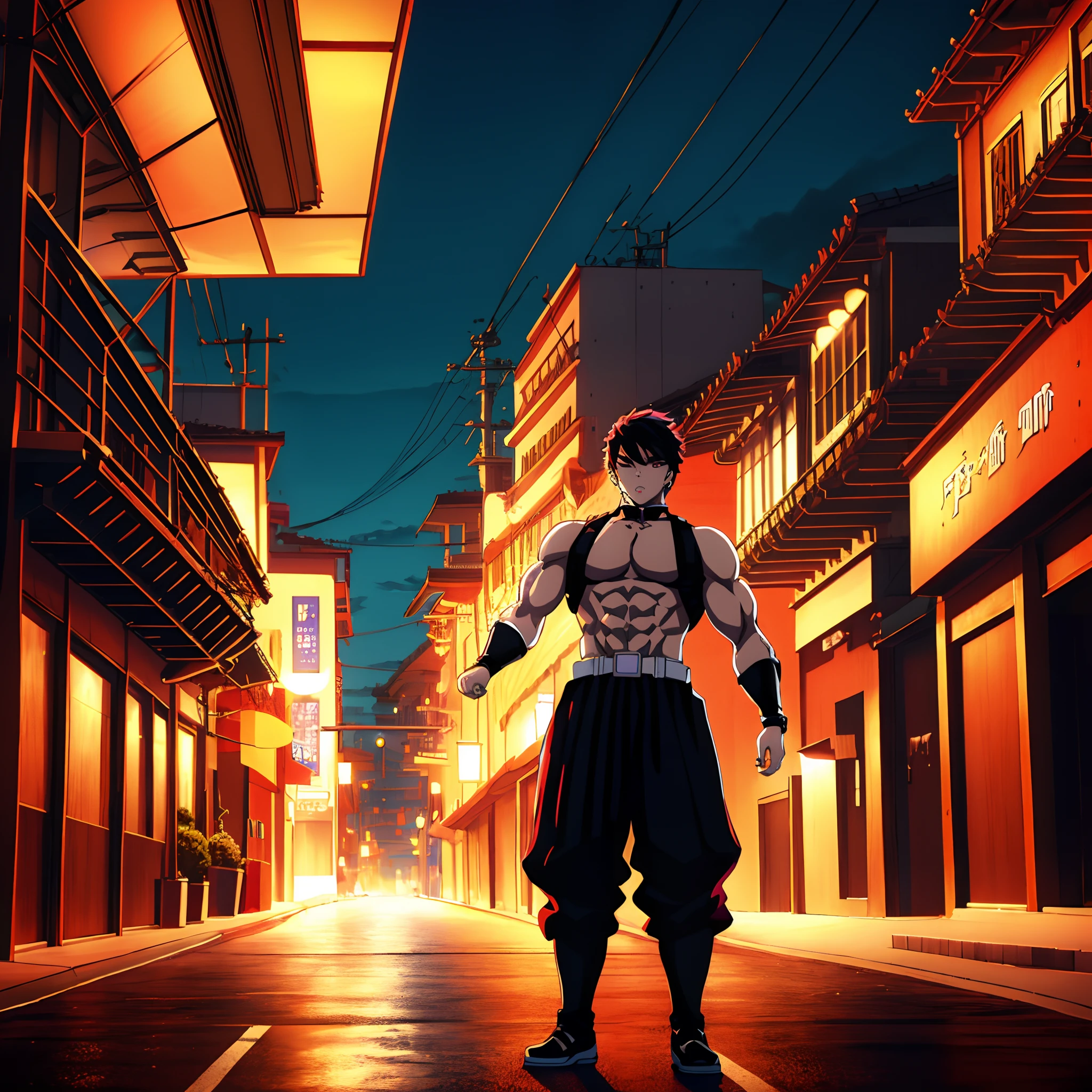 Sexy muscular anime character standing in the middle of a city street at night, hero pose of colorful front city lighting, badass anime 8 k, epic 8 k hd anime shot, musculoso, Arte Oficial, conceito de anime hdr anime macmanus, Anime cyberpunk moderno, Estilo anime 4K, official illustration, pacote de seis, arte oficial altamente detalhada, papel de parede anime 4k, arte chave, key art anime sharp focus