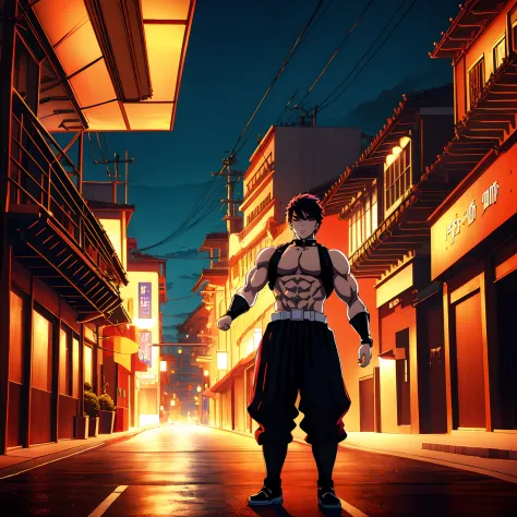 sexy muscular anime character standing in the middle of a city street at night, hero pose of colorful front city lighting, badas...