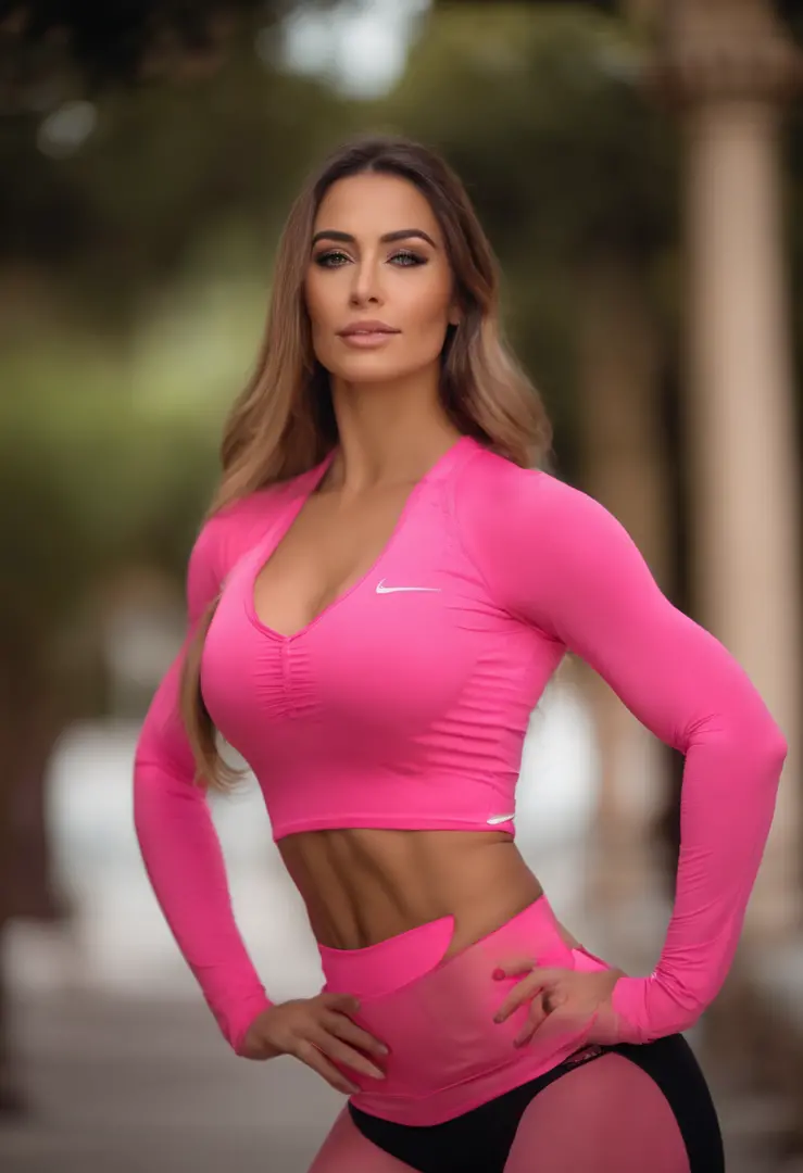 mujer vientre plano cabello largo recogido, leggins mancuerna