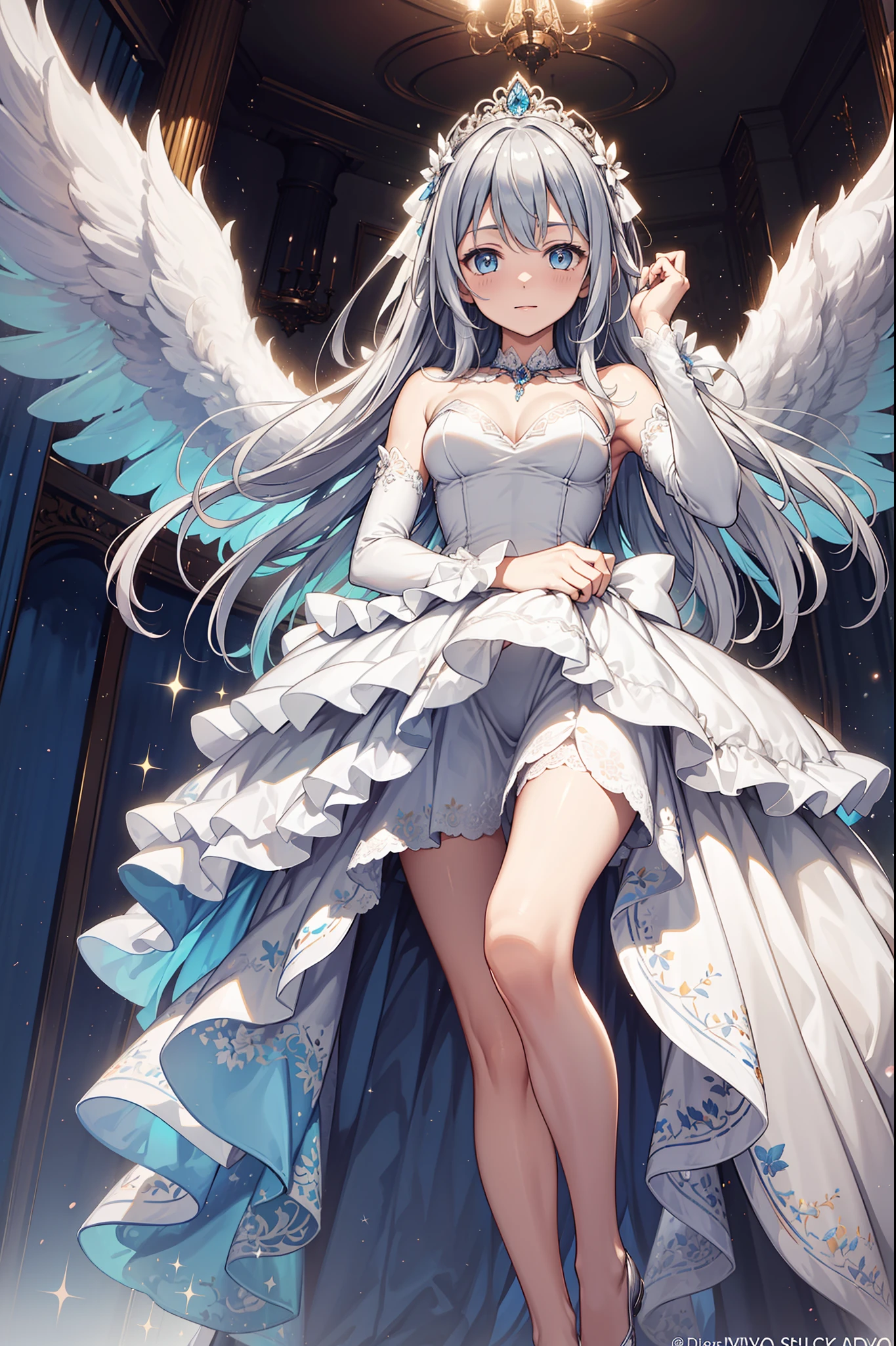 (Best quality,4K,8K,A high resolution,Masterpiece:1.2),Ultra-detailed,Beautiful girl,Enchanted,Enchanting,cheerfulness,divino,Magical effect,Silvery-white hair,eBlue eyes,Pale pink wedding dress,The bride's crown,A small amount of sky blue cloth,Sophisticated attire,Layered skirt,detailed lace,Delicate ruffles,Bedroom,solo person,during night,Sacred stripes,transparent costume,jewel embellishment