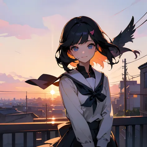 Beautiful illustration、top-quality、girl with、Black hair、shorth hair、hair adornments、high-school uniform、A slight smil、(((Delicat eyes)))、evening、Residential area、Sunset