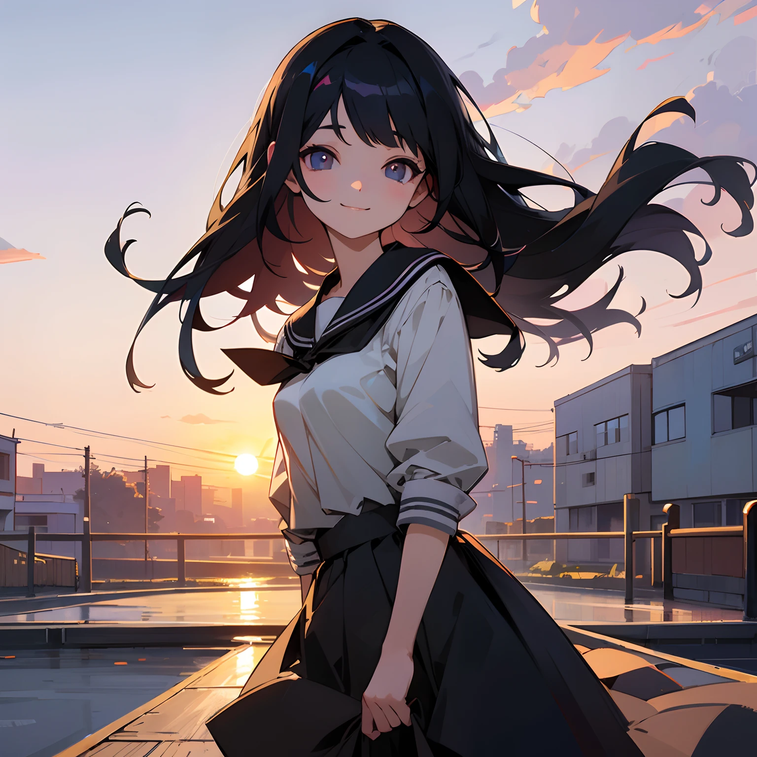 Beautiful illustration、top-quality、girl with、Black hair、shorth hair、hair adornments、high-school uniform、A slight smil、(((Delicat eyes)))、evening、Residential area、Sunset