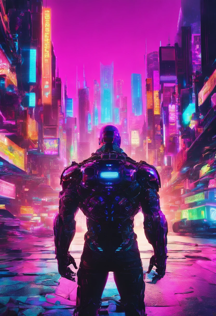 A man in a futuristic city with neon lights and a giant robot - SeaArt AI