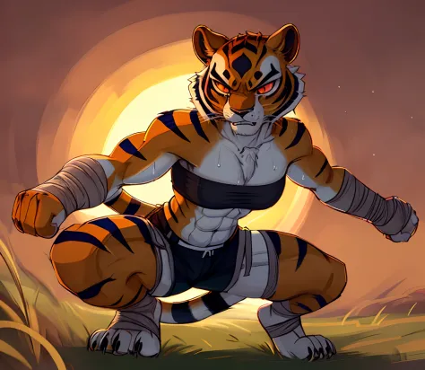 [mastertigress], [Uploaded to e621.net; (Pixelsketcher), (wamudraws)], ((masterpiece)), ((solo portrait)), ((full body)), ((front view)), ((feet visible)), ((furry; anthro tiger)), ((detailed fur)), ((cel shading)), ((intricate details)), ((detailed shadin...