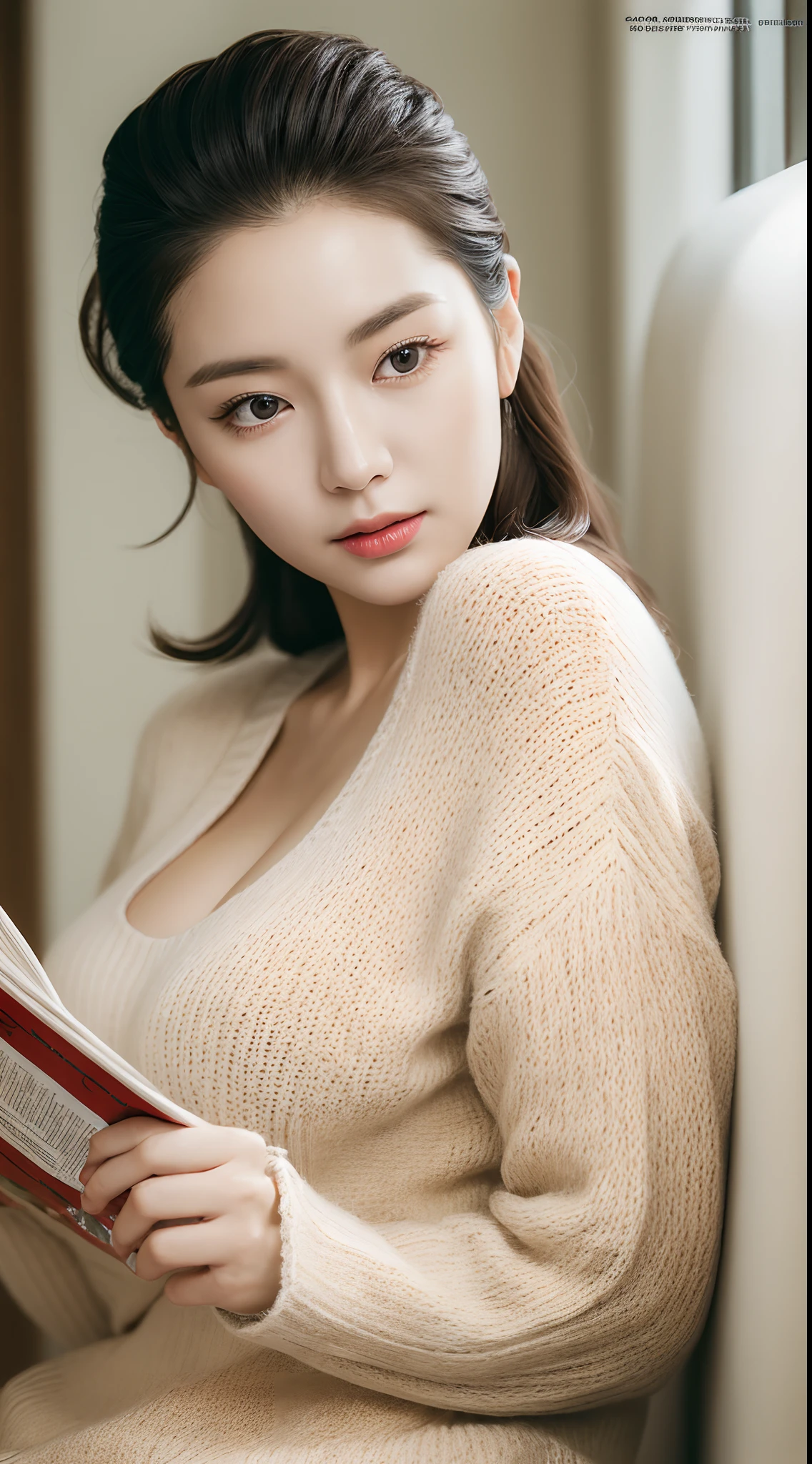 realistic photos of 1 cute Korean star, slicked hair back, white skin, 32 inch breasts size, wearing sweater, reading a  magazine, in salon, close-up portrait, UHD