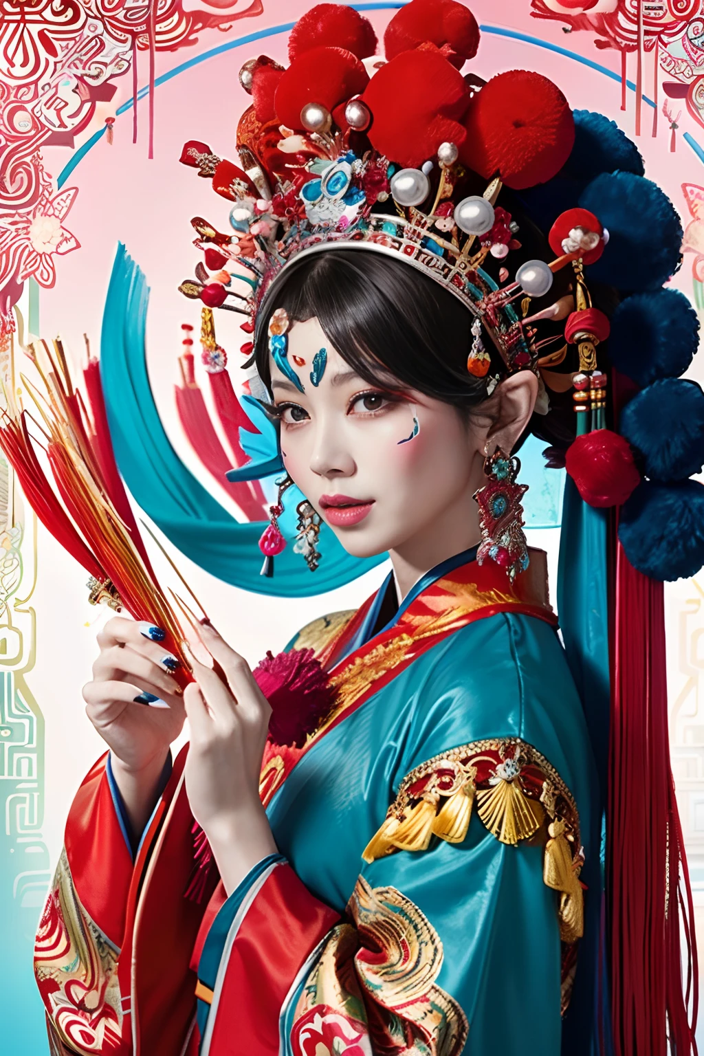 Woman in traditional Chinese clothing，Phoenix crown，Chinese Ghost Festival，（tmasterpiece，top Quority，best qualtiy，offcial art，Beauty and aesthetics：1.2），（1girll：1.3），The is very detailed，（s fractal art：1.1），Most detailed，（ zentangle:1.2), full bodyesbian, (abstract backgrounds:1.3), (Shiny skin), (many color:1.4), ,(Earrings), (feater:1.5), inspired by Xie Huan, beijing opera, inspired by Chen Rong, flower mask, inspired by Wang Ximeng, inspired by Liu Jun, ruan jian, geisha mask, inspired by Zhang Wo, inspired by Wu Bin, Chinese art