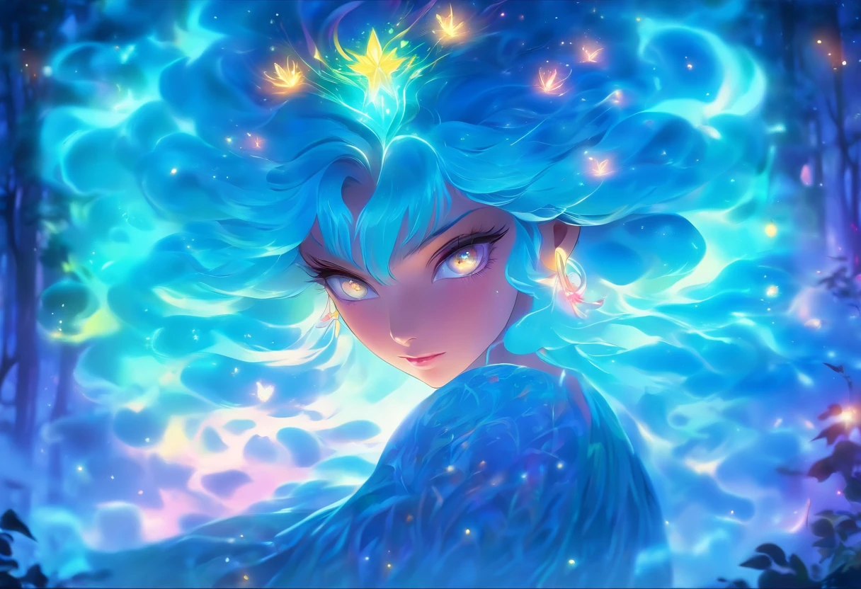 (best quality,highres,ultra-detailed),female with glowing teal eyes,rainbow colored hair,casting glowing spells,mystical forest,witch,goddess,medium:oil painting,beautiful detailed lips,dark and mysterious atmosphere,flowing gown,ethereal light,sorcery and magic,soothing calmness,inspiration from fantasy novels and mythology,enchanted creatures,peaceful and serene background,dream-like setting,vibrant colors and rich textures,creation surrounded by nature,whimsical and mystical elements,harmonious and enchanting ambiance,luminous glow of the spells,graceful and powerful posture,alluring and captivating aura,eyes shining with ancient wisdom,transformation and metamorphosis,unveiling the hidden mysteries of the forest,otherworldly energy and power,feminine strength and elegance,dark and vibrant color palette,soft and delicate brush strokes,exquisite attention to detail,revealing the power of nature and its delicate balance,awakening the mystical connection between humans and the natural world,bringing forth the hidden beauty and secrets of the forest,transcending reality and entering a realm of enchantment and wonder.