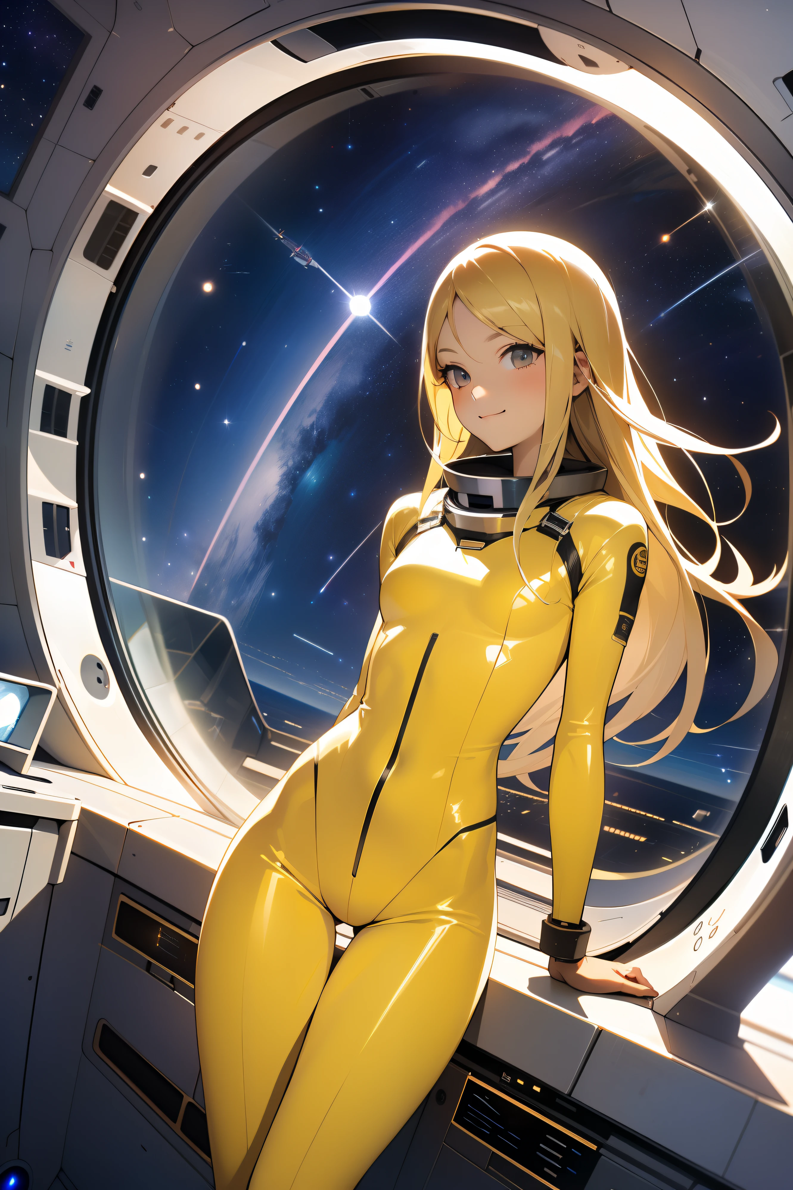 (masterpiece, best quality:1.2), (cowboy shot:1.1), solo, 1girl, mori yuki, slight smile, closed mouth, side view, looking at viewer, blonde hair, long hair, thigh gap, yellow bodysuit, skin-tight, perfect body, large window, (starship porthole:1.3), (spread legs:1.3), (standing:1.1), thigh gap, sensual pose, sideview, perfect hands, bright starship interior, (outer space view:1.1), (orbital view:1.3), (night, stary sky:1.5), milky way