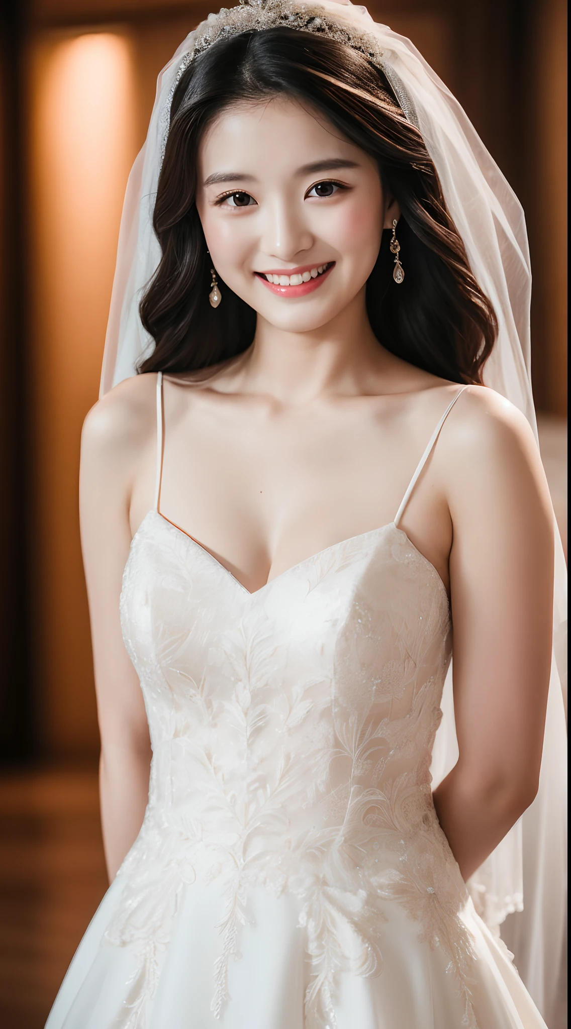 4K、top-quality、masutepiece、18yo woman、A dark-haired、((wedding dress))、wedding hall、Smiling at the camera