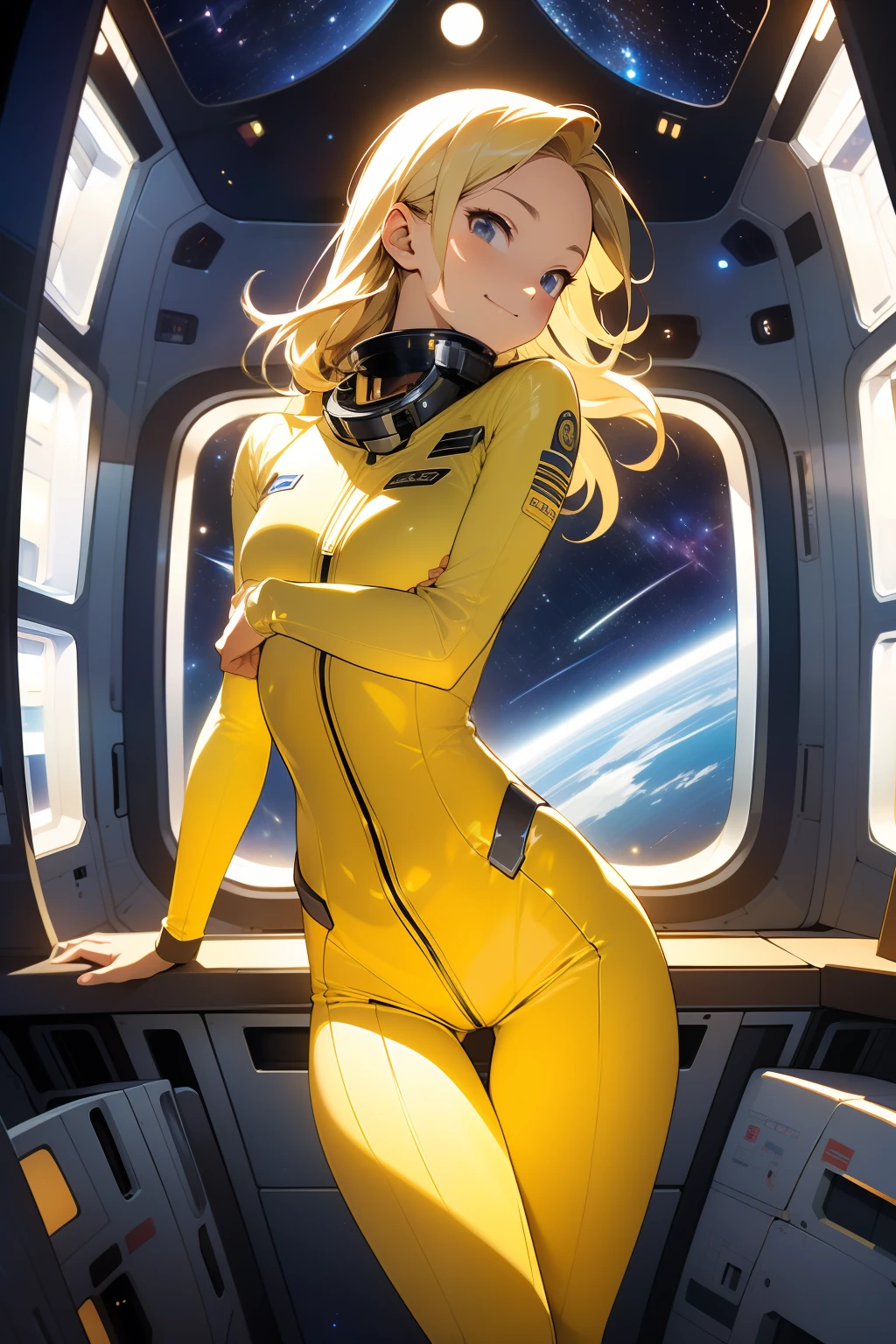 (masterpiece, best quality:1.2), (cowboy shot:1.1), solo, 1girl, mori yuki, slight smile, closed mouth, side view, looking at viewer, blonde hair, long hair, thigh gap, yellow bodysuit, skin-tight, perfect body, large window, (starship porthole:1.3), (spread legs:1.3), (standing:1.1), thigh gap, sensual pose, sideview, perfect hands, bright starship interior, (outer space view:1.1), (orbital view:1.3), (night, stary sky:1.5), milky way