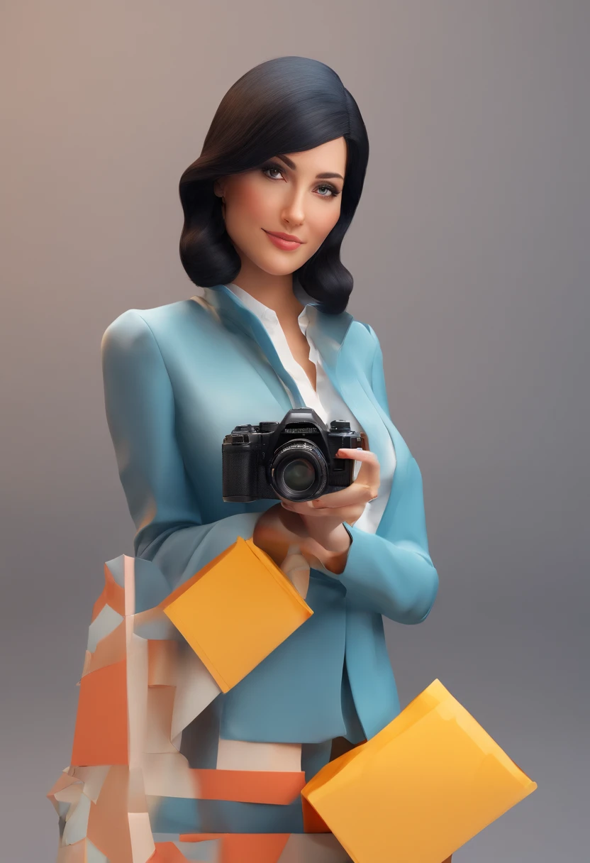 30-year-old woman realistic photographer, with camera, Italian woman, black shiny hair