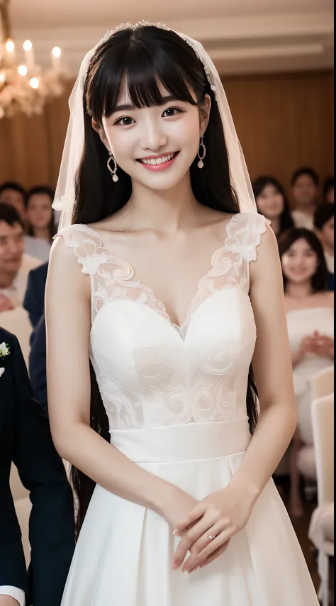 4K、top-quality、masutepiece、20-year-old woman、A dark-haired、With bangs、Longhaire、((wedding dress))、wedding hall、Smiling at the camera