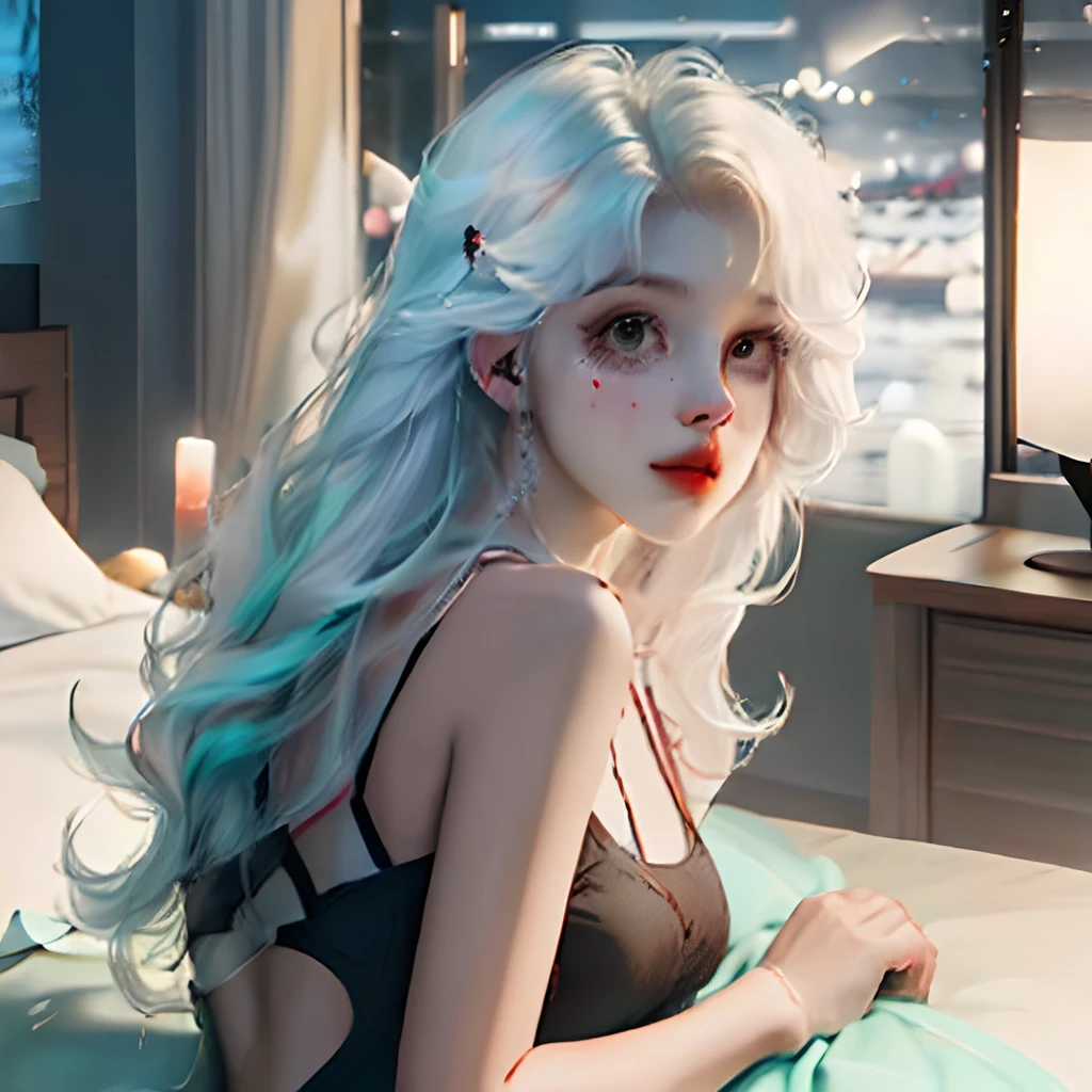 There is a woman with long white hair sitting on a bed - SeaArt AI