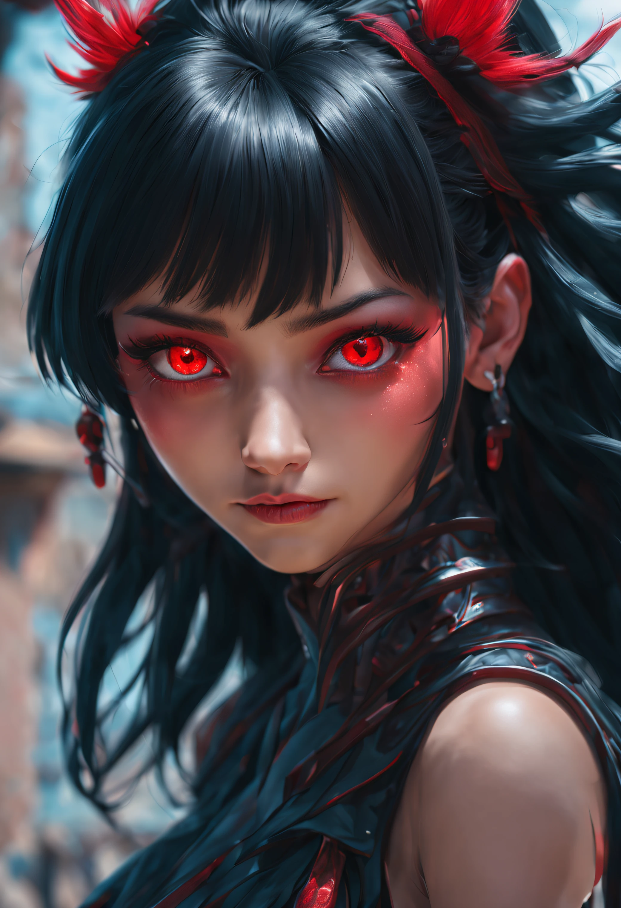 black hair, hair bobbles, wince, longeyelashes, expressive red eyes, light smile, fang, Surrealism, drop shadow, anaglyph, stereogram, tachi-e, pov, atmospheric perspective, 8k, super detail, accurate, best quality