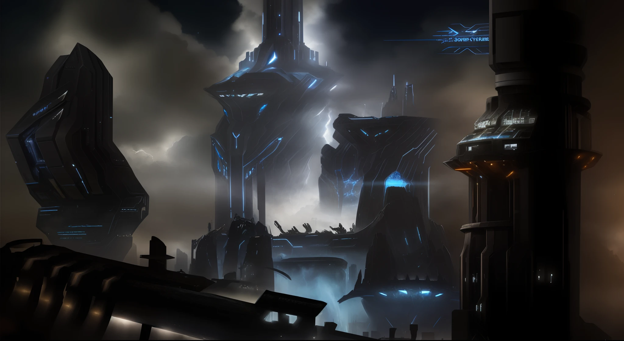 there is a picture of a futuristic city with a clock tower, scifi setting, sci fi setting, in fantasy sci - fi city, sci - fi setting, sci-fi setting, cyberpunk space colony, concept art, concept art, future concept art, futuristic setting, ancient sci - fi city, concept artwork, ultra detailed concept art, concept art futuristic norse, dark-blue metal, shiny metal, cybertron, dark blue storm clouds, light blue lightning from clouds, light blue lightning, space sky, stars on the sky, realistic, watercolor, 4k, high quality, hight attention to details.