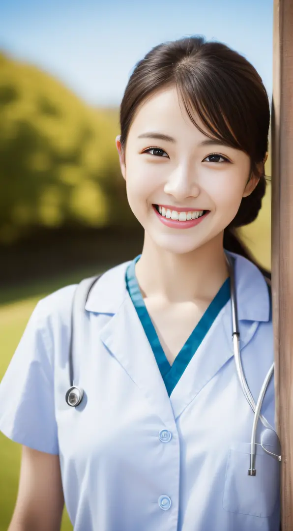 The face is a hostess、Clothes are nurse、hiquality、A hyper-realistic、healthy、Smiling expression、Slender perfect figure、Japan beauties、beautidful eyes、face perfect、Beautiful skin、The background is blue sky
