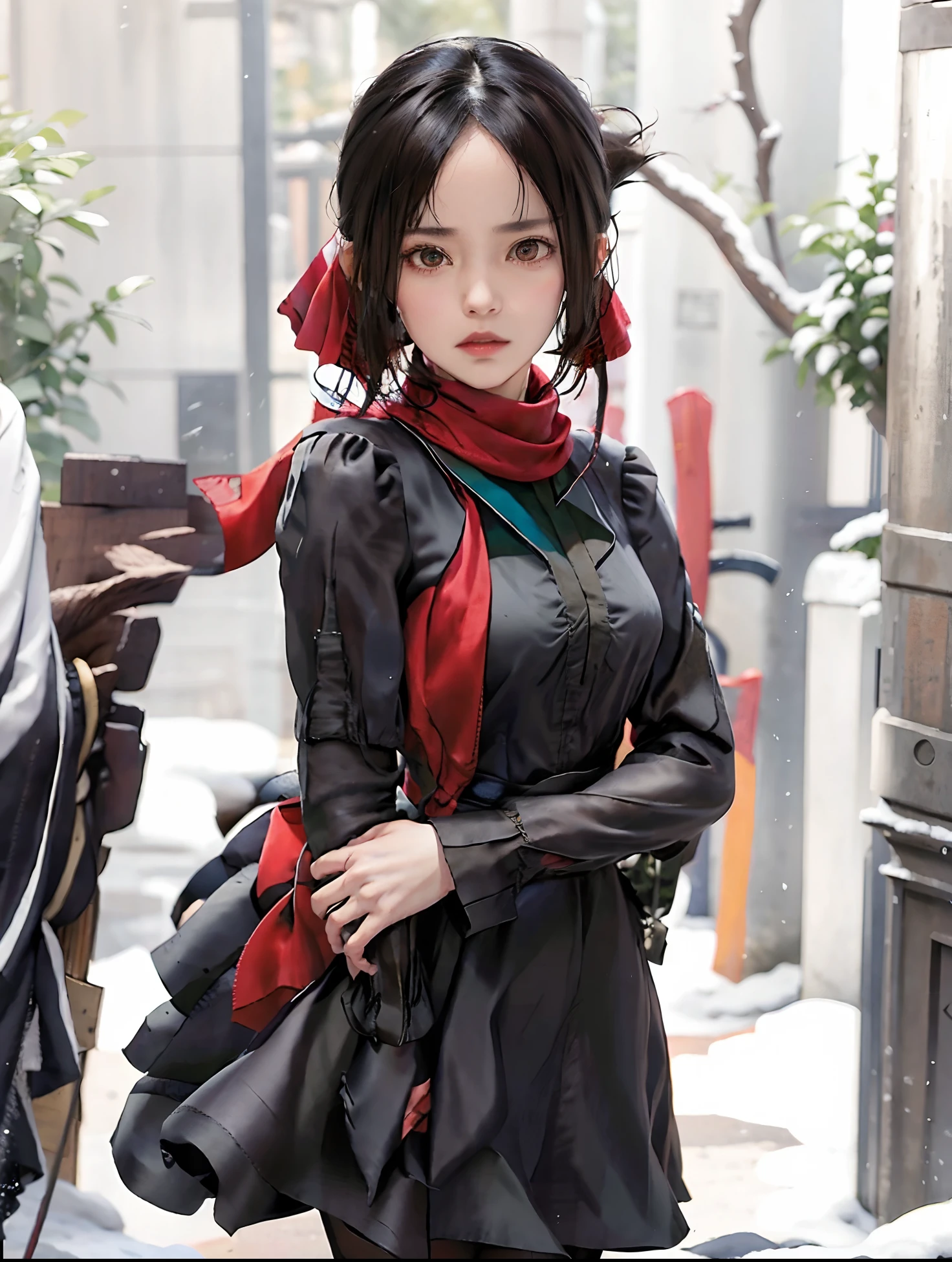 1girl, scarf, tree, bare tree, shinomiya kaguya, parted bangs, solo, red scarf, ribbon, blurry, bangs, blurry background, winter, looking at viewer, hair ribbon, snow, red eyes, folded ponytail, hand in pocket, snowing, blush, long sleeves, eyebrows visible through hair, red ribbon, depth of field, outdoors, black legwear, black dress, standing, cowboy shot, breath, pantyhose, open clothes, sidelocks, branch, , forest, black hair