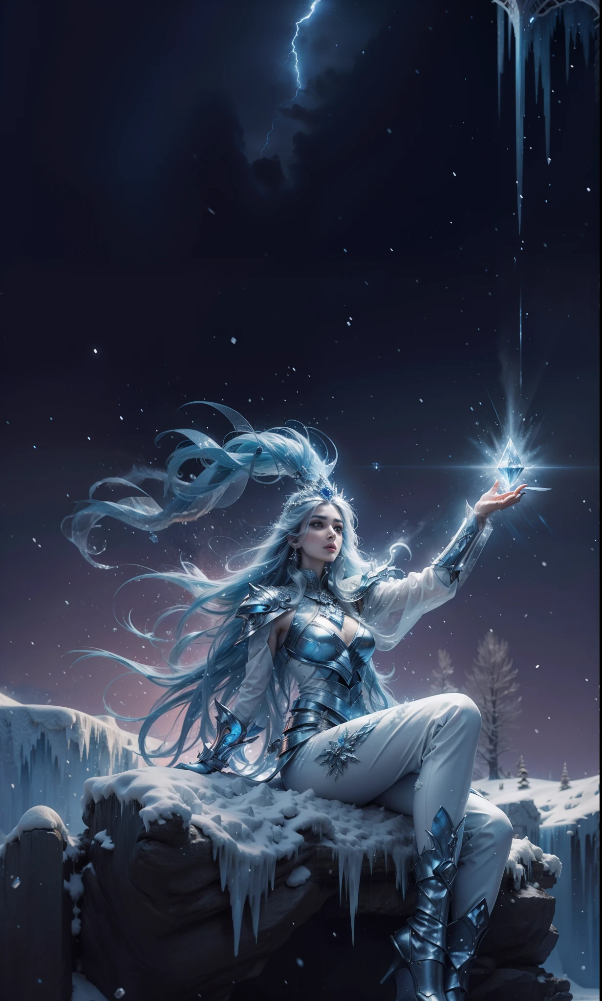 a close up of a person sitting on a snow covered ground, crystalline skin, ice mage, ice lord, maya ali as a storm sorcerer, maya ali as a lightning mage, master of ice, ice spell, icey, ice sorceress, heise jinyao, astri lohne, frost gem, with ice power