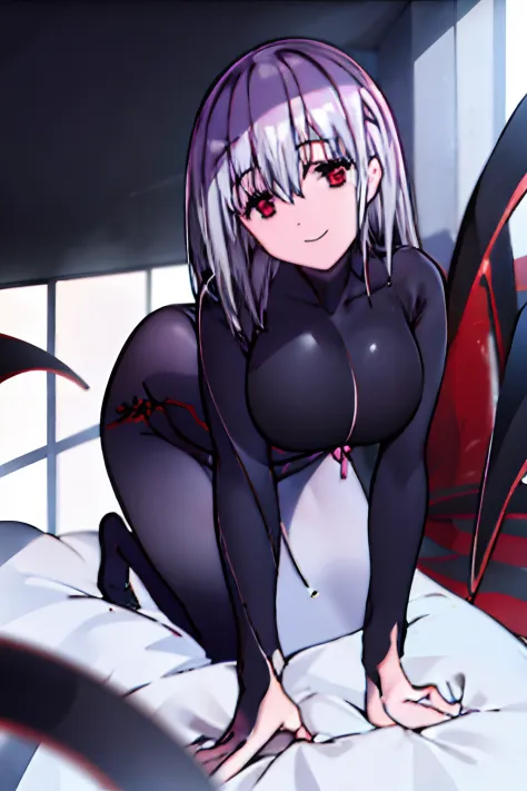Black full body suit　Red lines all over the body　huge tit　Big ass　Whip thighs　seductiv　a smile　succubus