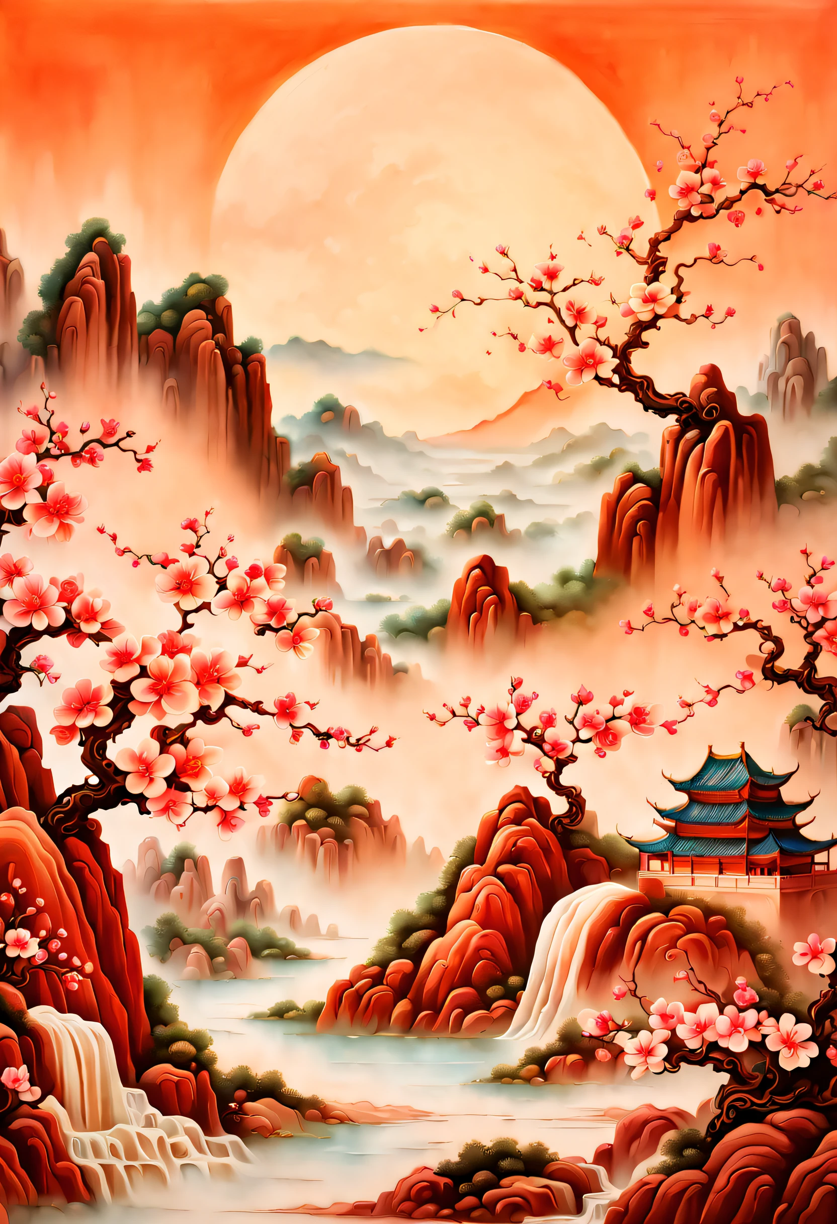 (Masterpiece, high quality, best quality, official art, beauty and aesthetics: 1.2), milk tea cup, surrounded by red rocks, splashing spray, (Chinese landscape paper carving, Chinese Song Dynasty landscape painting: 1.2), (surrealist dream style), cream organic fluid, light tracing, environmental shielding, hazy, natural light, limestone, gel resin sheet, oc rendering, (peach blossom forest background: 1.4),